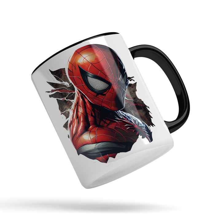 Cana Cu Portret Spider Man, Desene Animate Omul Paianjen, Comics, Super Erou, Iubitorii De Filme Marvel, 330 ml, Maner Negru
