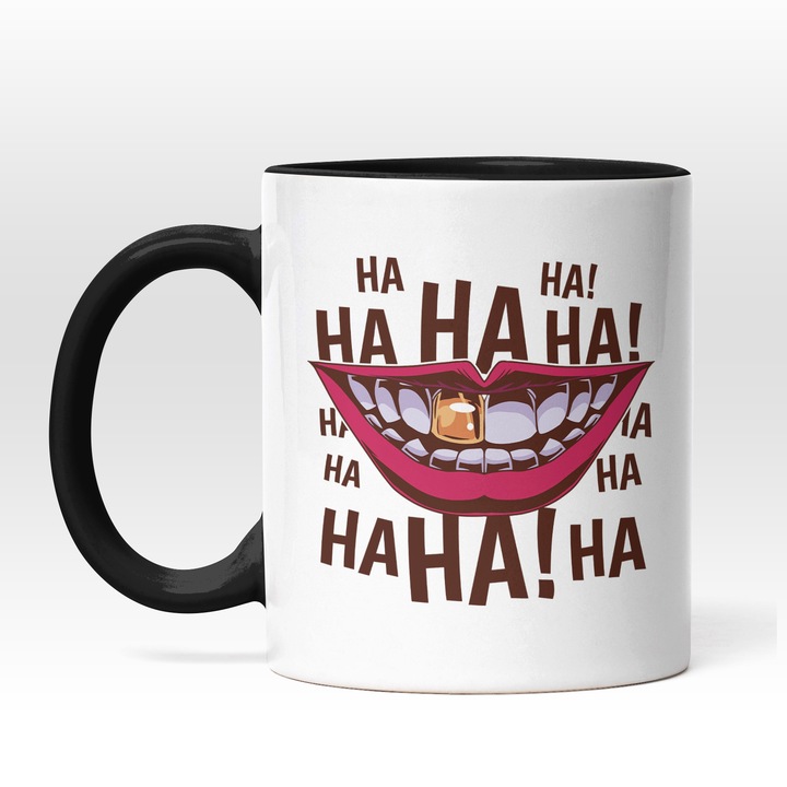 Cana Cu Zambet Larg, Dinte Aur, Text Ha Ha Ha, Buze Rosii, Iubitorii De Ras, 330 ml, Maner Negru