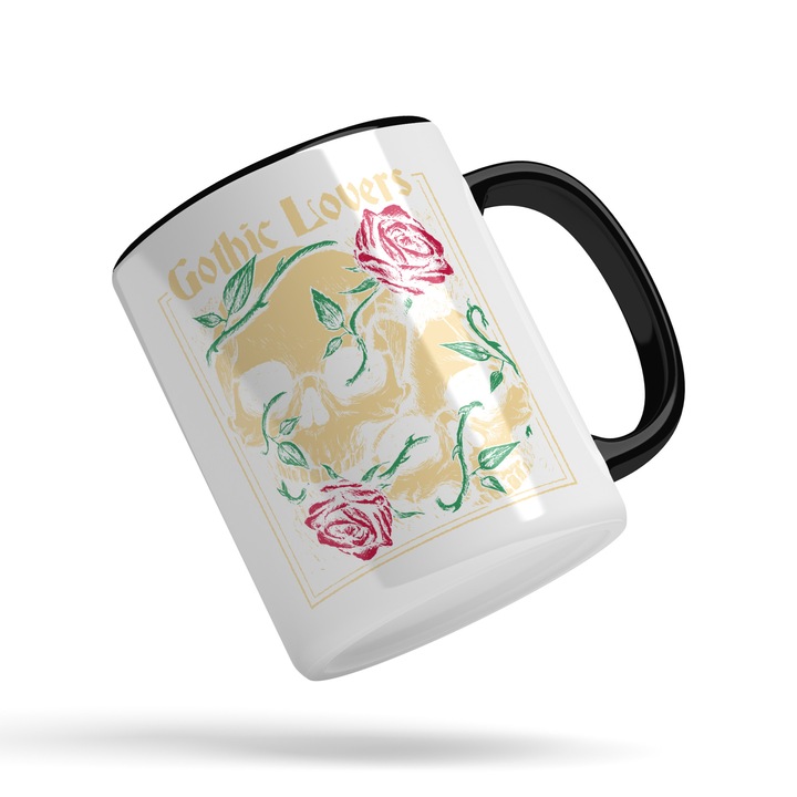 Cana Cu Mesaj Gothic Lovers, Cranii De Mort, Trandafir Rosu, Iubitorii De Muzica Rock, 330 ml, Maner Negru