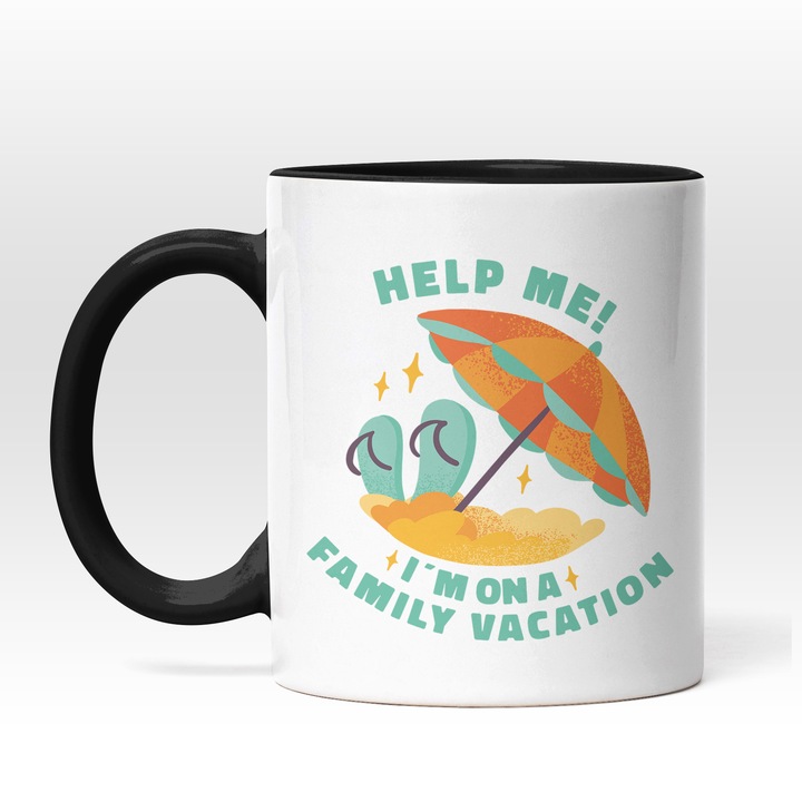 Cana Cu Mesajul Haios Help Me I'm O A Family Vacantion, Vacanta In Familie La Plaja, Multicolor, Umblera De Soare In Nisip, 330 ml, Maner Negru