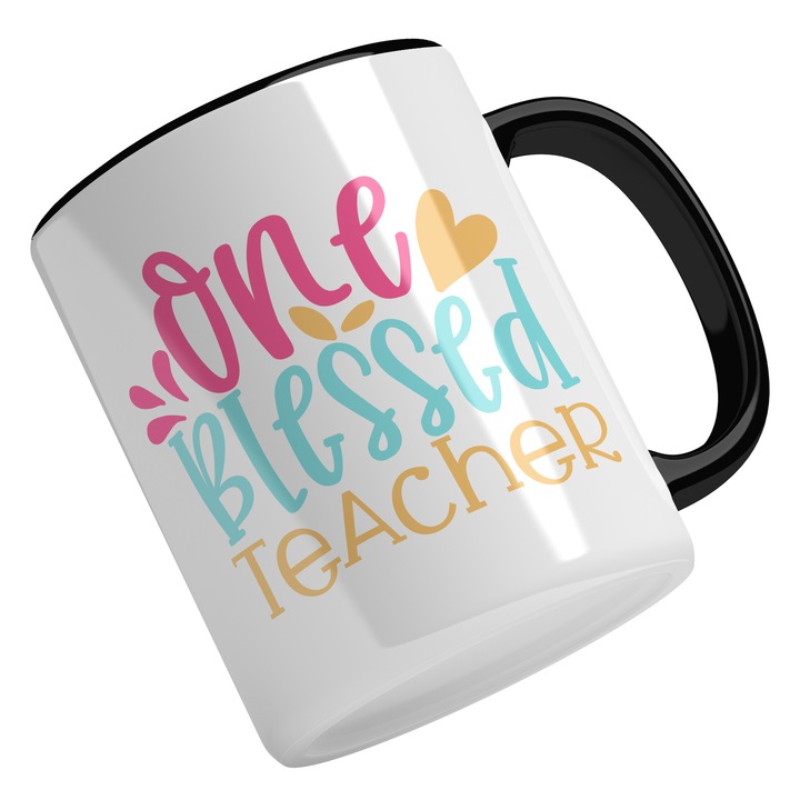 Cana Cu Mesajul One Blessed Tecaher, Profesie De Profesor, Inimoare, Profesorul Favorit, Roz Galben Albastru, 330 ml, Maner Negru