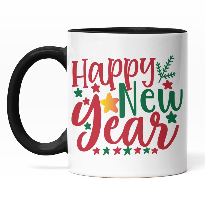 Cana Cu Mesajul Happy New Year, Revelion, Un Nou Inceput, Iubitorii De Sarbatori, Verde Rosu, 330 ml, Maner Negru