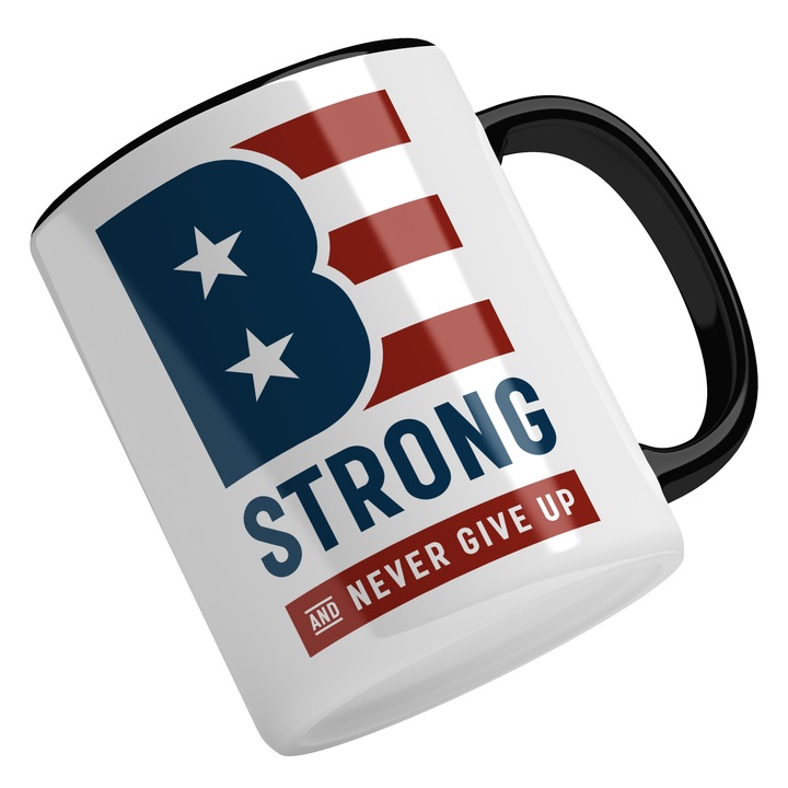 Cana Cu Mesajul B Strong Never Give Up, Motivational, Steagul Americii, Multicolor, 330 ml, Maner Negru