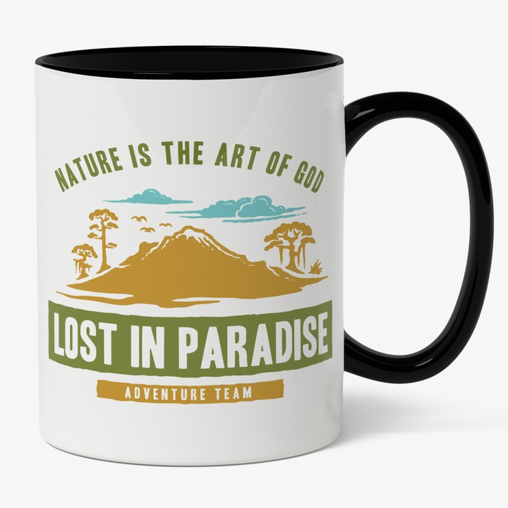 Cana Cu Mesajul Nature Is The Art Of God Lost In Paradise, Vacanta, Concediu Pentru Iubitori De Relaxare, Multicolor, 330 ml, Maner Negru