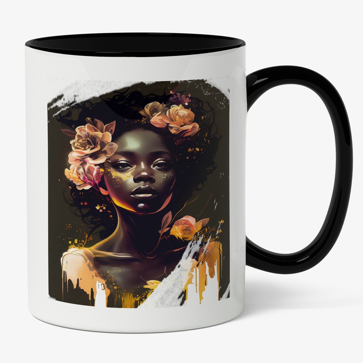 Cana Cu Portret Zeita Cu Florilor Galbene, Triburi Africane, Frumusetea Naturala, Multicolor, 330 ml, Maner Negru