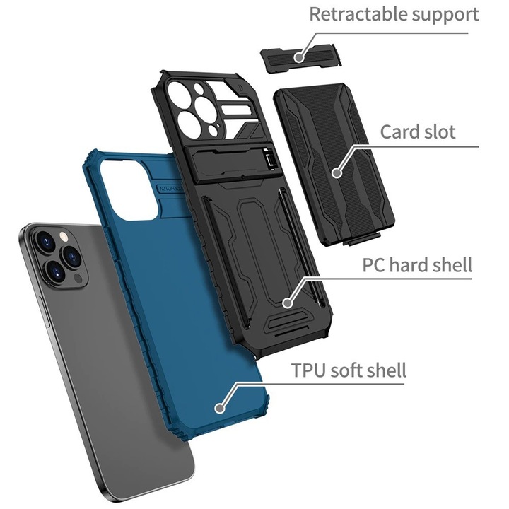 Samsung Galaxy A12 / A12 Nacho / M12 SM-A125F / A127F / M127F, Műanyag hátlap védőtok szilikon belső, közepesen ütésálló, kitámasztóval, kártyatartóval, Wooze Transformer, fekete/kék (127864)