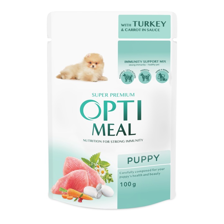 Пълноценна мокра храна за млади кученца Optimeal Super Premium, С пуешко и моркови в сос, 12 х 0,1 кг