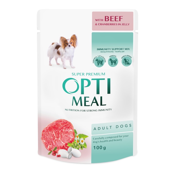 Hrana umeda completa Optimeal Super Premium pentru caini adulti cu carne de vita si merisoare in jeleu, 12 x 0,1 kg