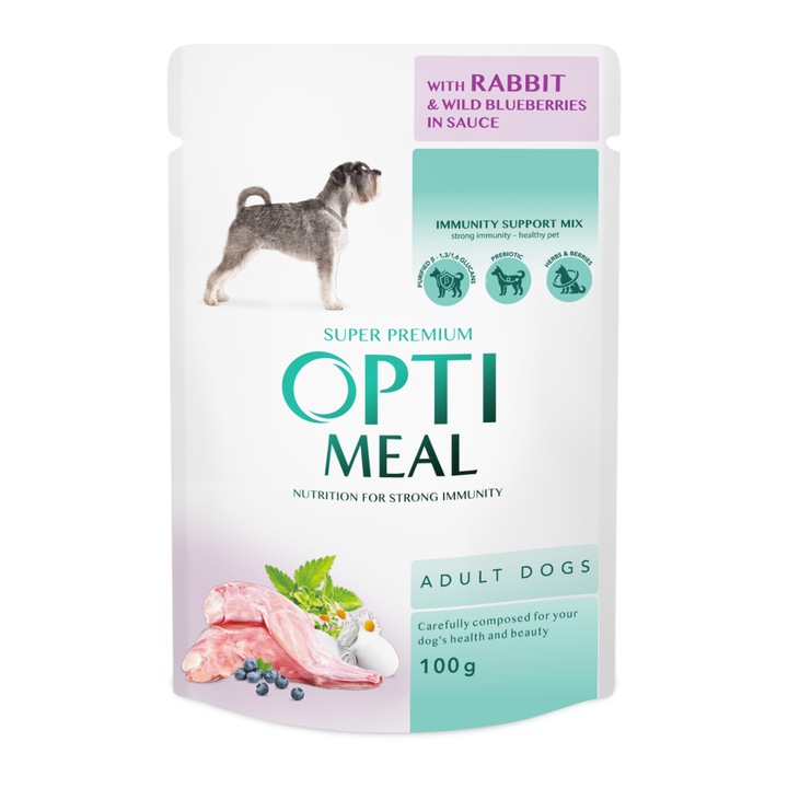 Hrana umeda completa Optimeal Super Premium pentru caini adulti cu iepure si afine salbatice in sos, 12 x 0,1 kg