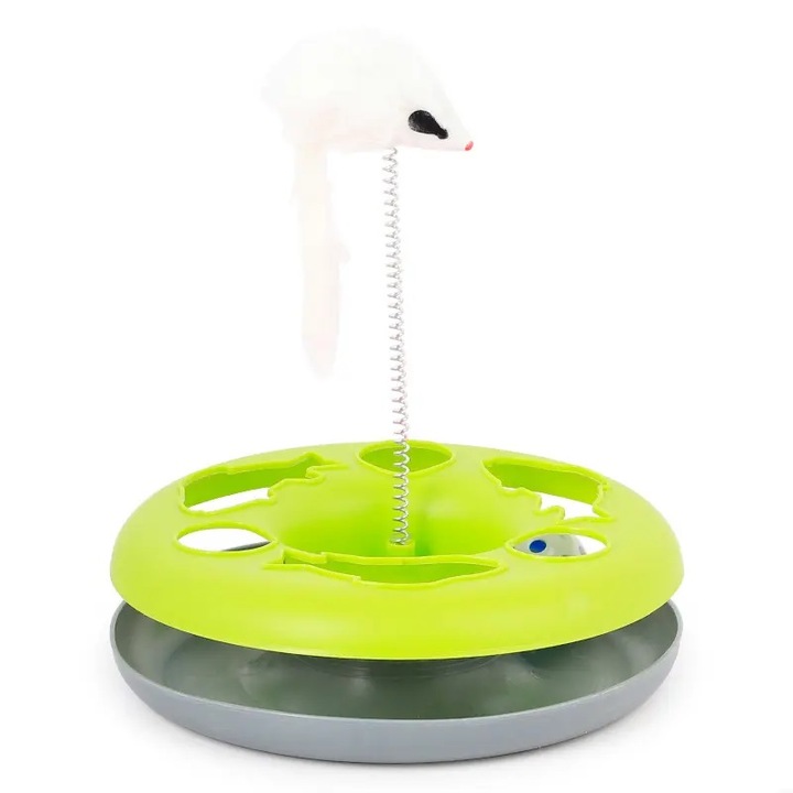 Jucarie interactiva cu clopotel, bila si soarece pentru pisici, verde