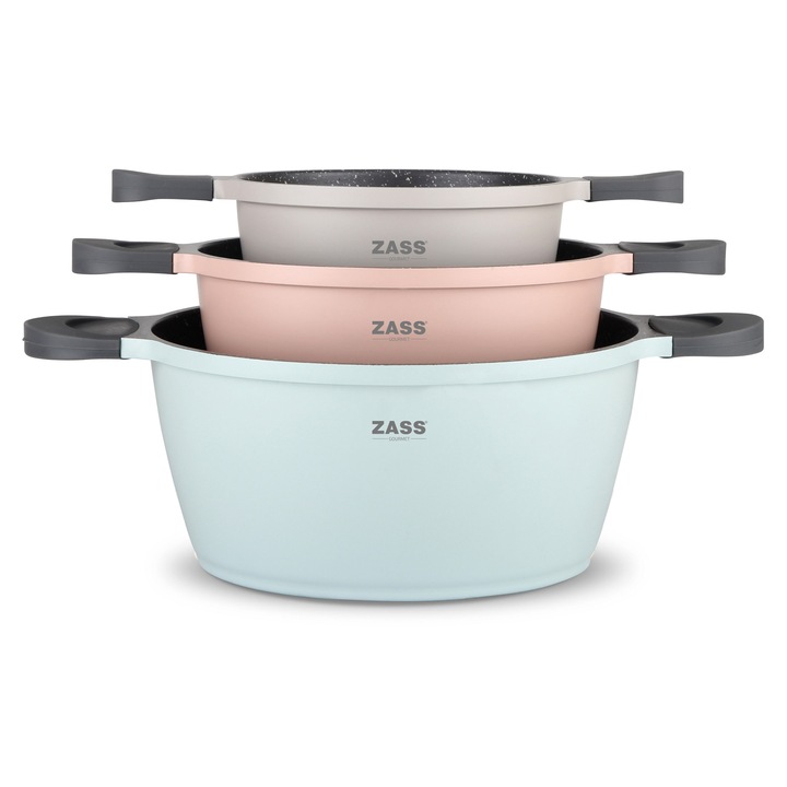 Set 3 oale antiaderente din aluminiu turnat sub presiune Zass Gourmet Hamburg ZG-ACS 02, buton universal cu ventuza detasabil pentru capace, Pastel