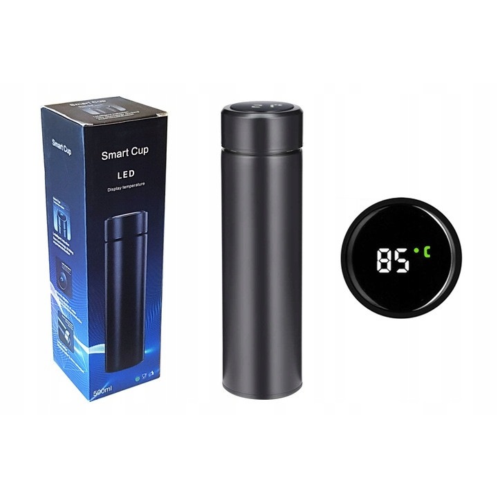Cana termos cu senzor de temperatura, Alpina, Otel inoxidabil, 420 ml, Negru