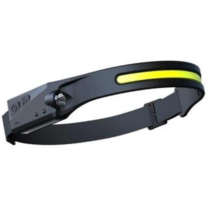 Челно фенерче с CSD батерия, професионално, предно с широк ъгъл на осветяване, мощен LED и сензор за движение, за лов, риболов, къмпинг, строителен обект, водоустойчиво, черно