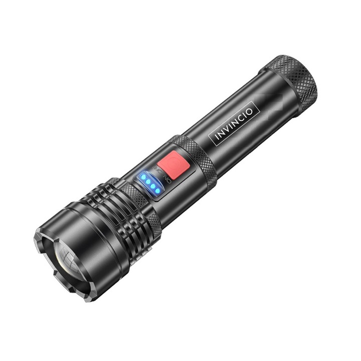 Invincio® LED фенерче, алуминиево тяло, професионална, вградена батерия, разширена автономност, USB зареждане, водоустойчиво, 3 режима на работа, строб, SOS, 3 нива на интензивност, регулируем фокус, компактен и устойчив, черен