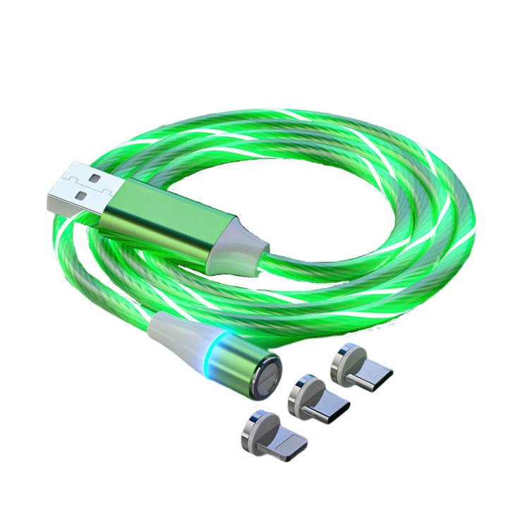 Cablu alimentare magnetic universal, iluminat verde, 1m