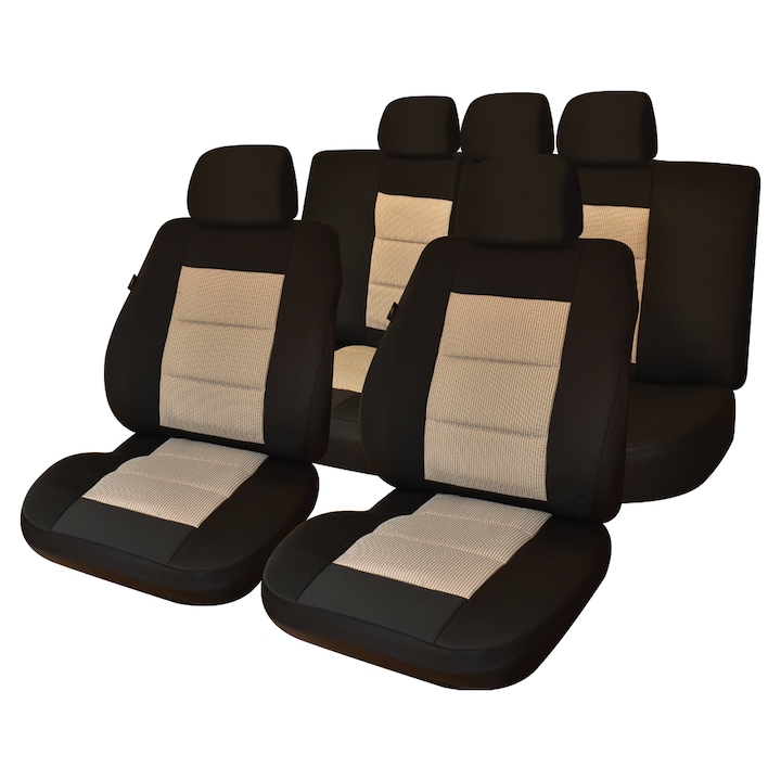 Set huse scaune auto SMARTIC®, Premium Lux, 11 piese, compatibile cu airbag, rabatabile, 3 straturi de material, negru/crem