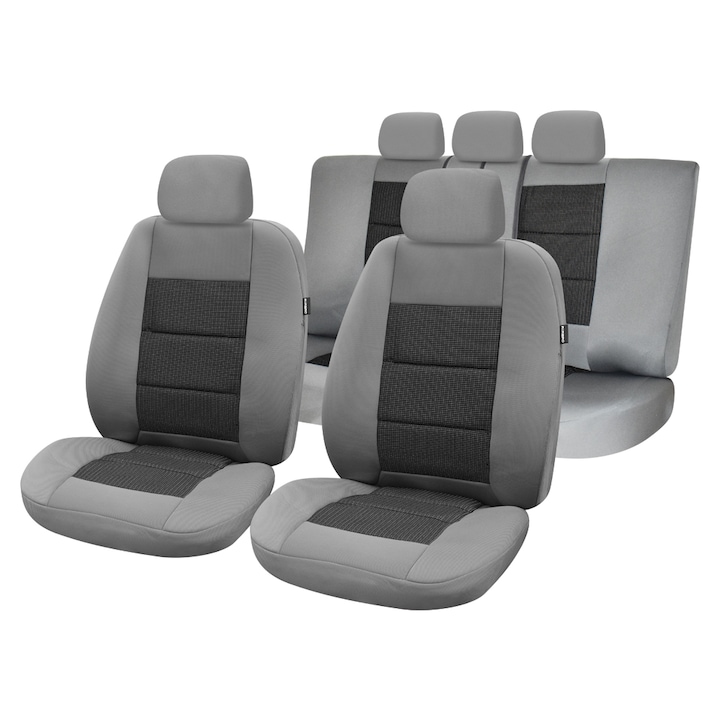 Set huse scaune auto SMARTIC®, Premium Lux, 11 piese, compatibile cu airbag, rabatabile, 3 straturi de material, gri/negru