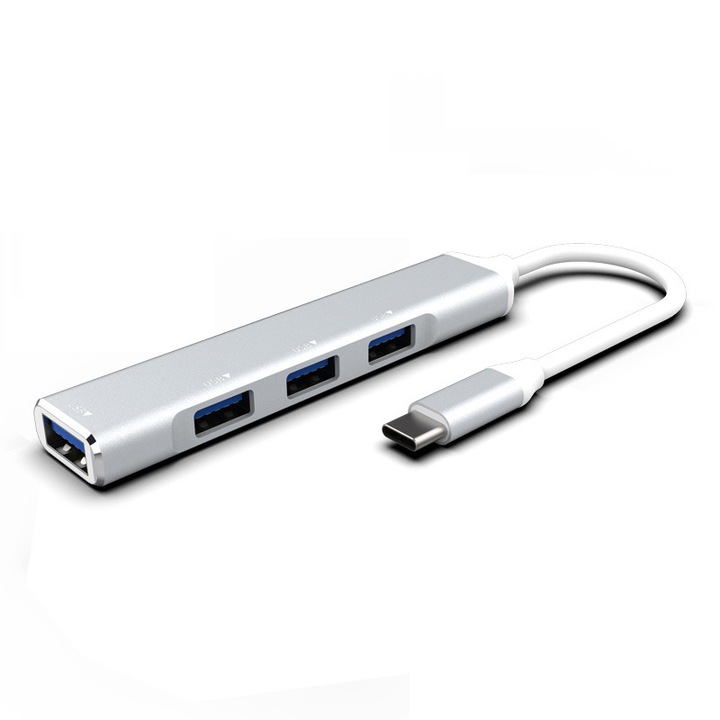 Мултипортов хъб 4 в 1, USB3.0/2.0, Type-C, KINSI, plug and play, 15 см, сребрист