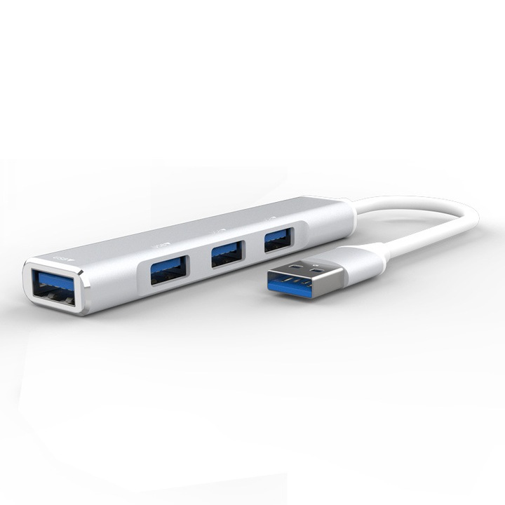 Мултипортов хъб 4 в 1, USB3.0/2.0, KINSI, plug and play, 15 см, сребрист