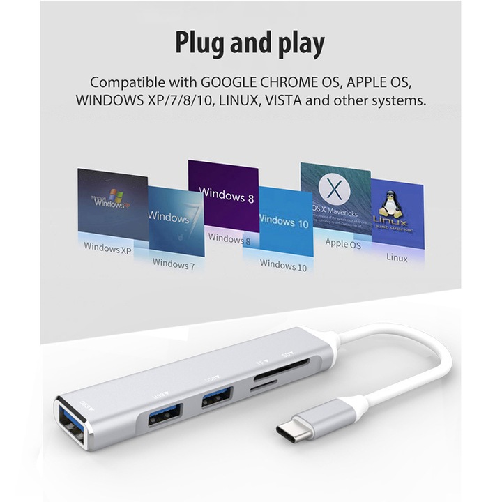 Мултипортов хъб 5 в 1, USB3.0/2.0/SD/TF, Type-C, KINSI, plug and play, 15 см, сребрист