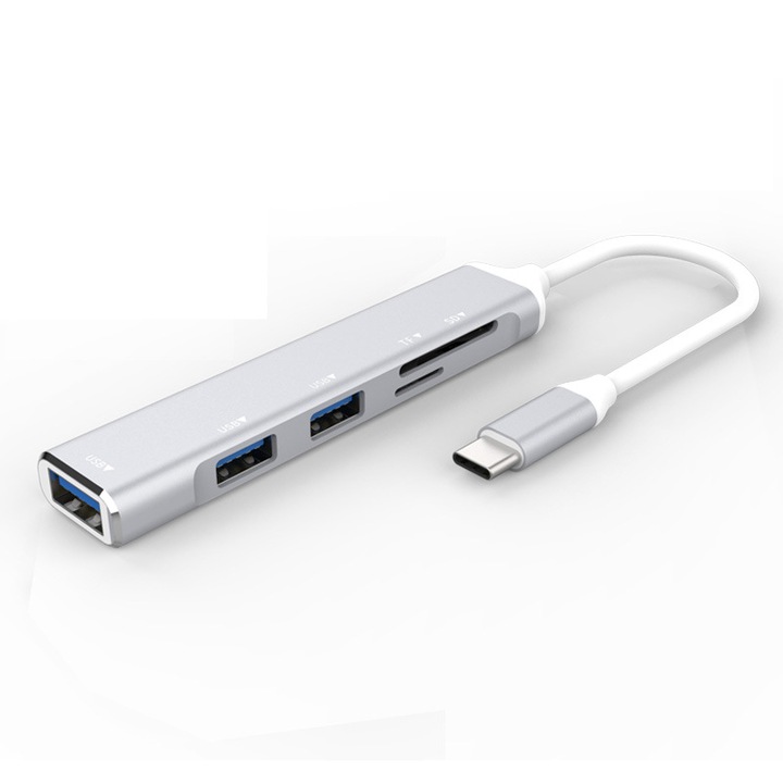 Мултипортов хъб 5 в 1, USB3.0/2.0/SD/TF, Type-C, KINSI, plug and play, 15 см, сребрист