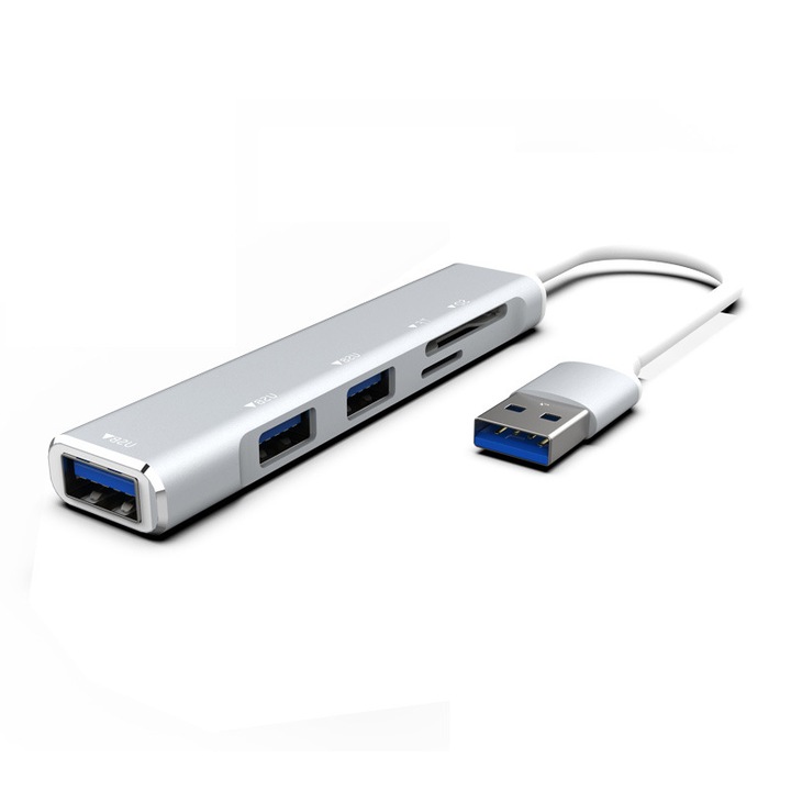 Мултипортов хъб 5 в 1, USB3.0/2.0/SD/TF, KINSI, plug and play, 15 см, сребрист