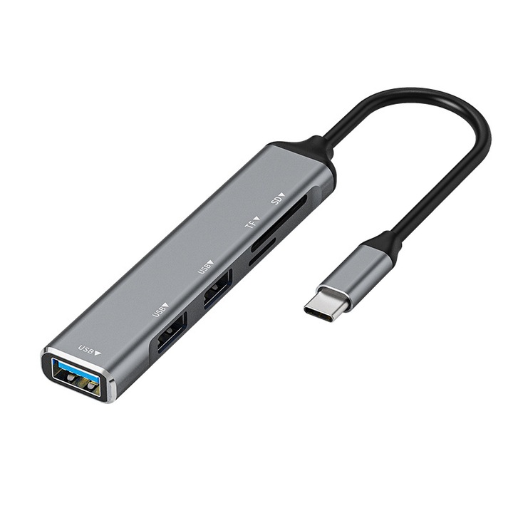 Többportos hub 5 az 1-ben, USB3.0/2.0/SD/TF, Type-C, KINSI, plug and play, 15 cm, szürke