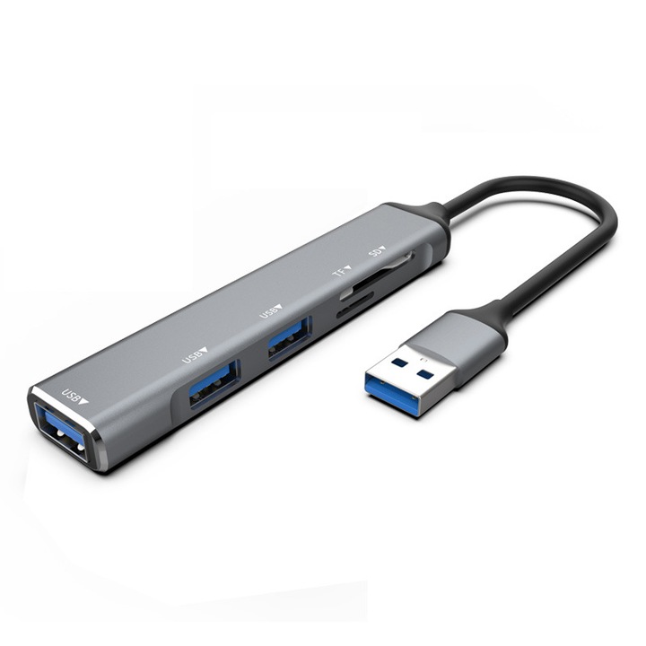 Мултипортов хъб 5 в 1, USB3.0/2.0/SD/TF, KINSI, plug and play, 15 см, сив