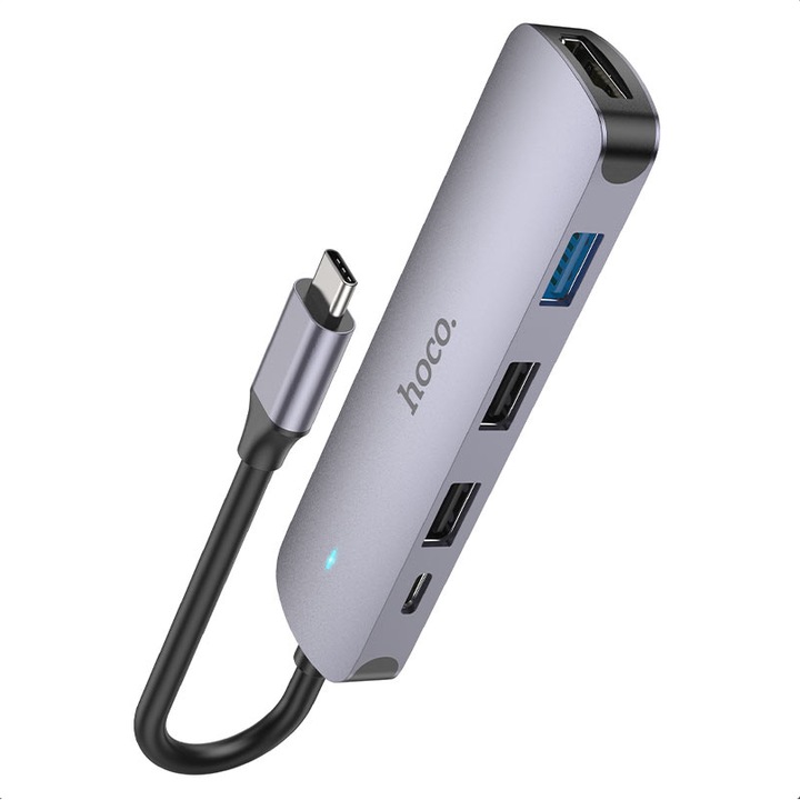 Hub USB Type-C HOCO HB27, HDMI, 1 X USB 3.0, 2 X USB 2.0, 1 X USB-C, Gri Inchis