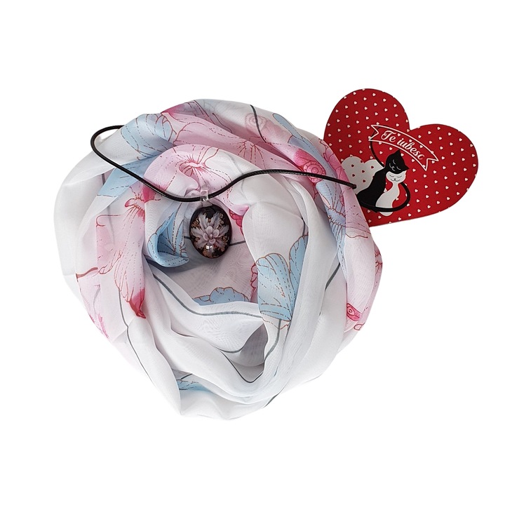 Set personalizat, esarfa florala, colier si magnet cu mesaj, culoare de baza alb