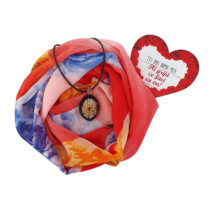 Set personalizat, esarfa florala, colier si magnet cu mesaj, culoare de baza rosu