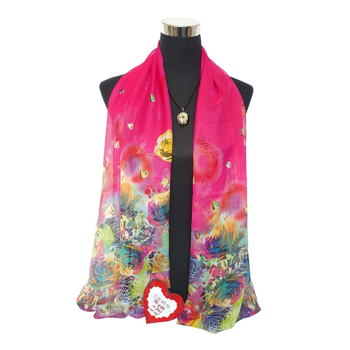 Set personalizat, esarfa florala, colier si magnet cu mesaj, culoare de baza cyclamen