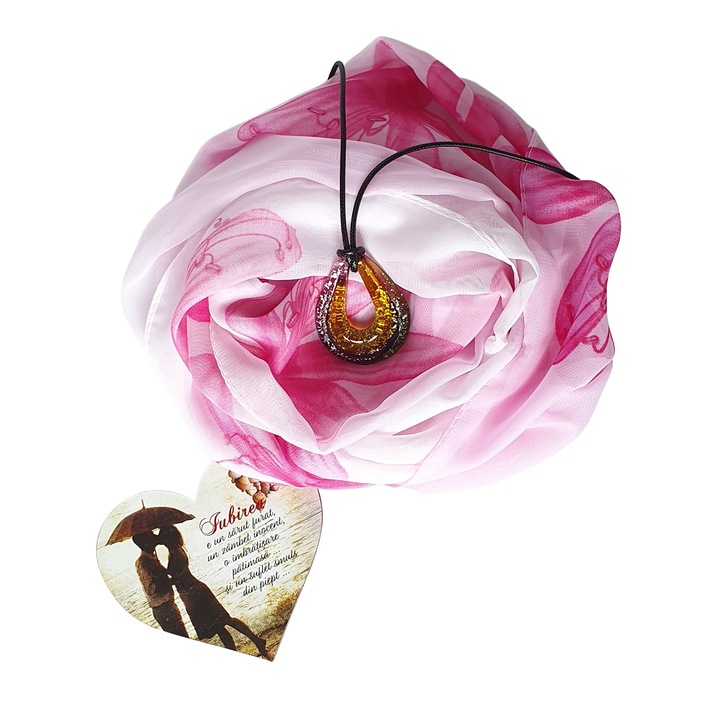 Set personalizat, esarfa florala, colier si magnet cu mesaj de iubire, culoare de baza roz