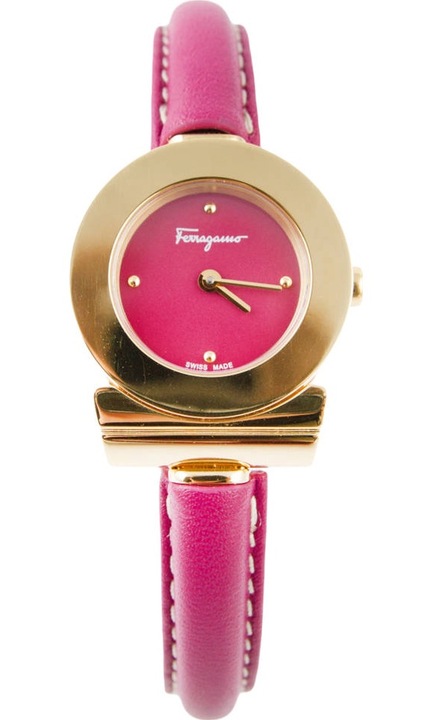 Ceas dama, Salvatore Ferragamo, Piele naturala/Otel inoxidabil, Quartz, Analog, 5 ATM, Violet/Auriu