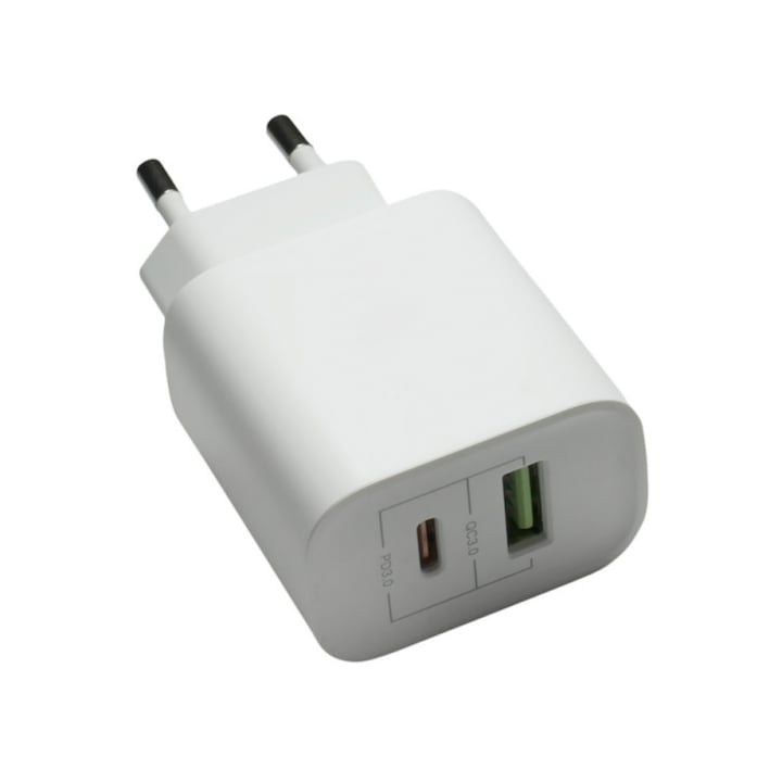 Мрежово зарядно устройство, включен кабел от USB-A към USB-C, Tenor GrandPower, бързо зареждане, USB-A и USB-C, адаптер 20W, 3A, 1m, бял