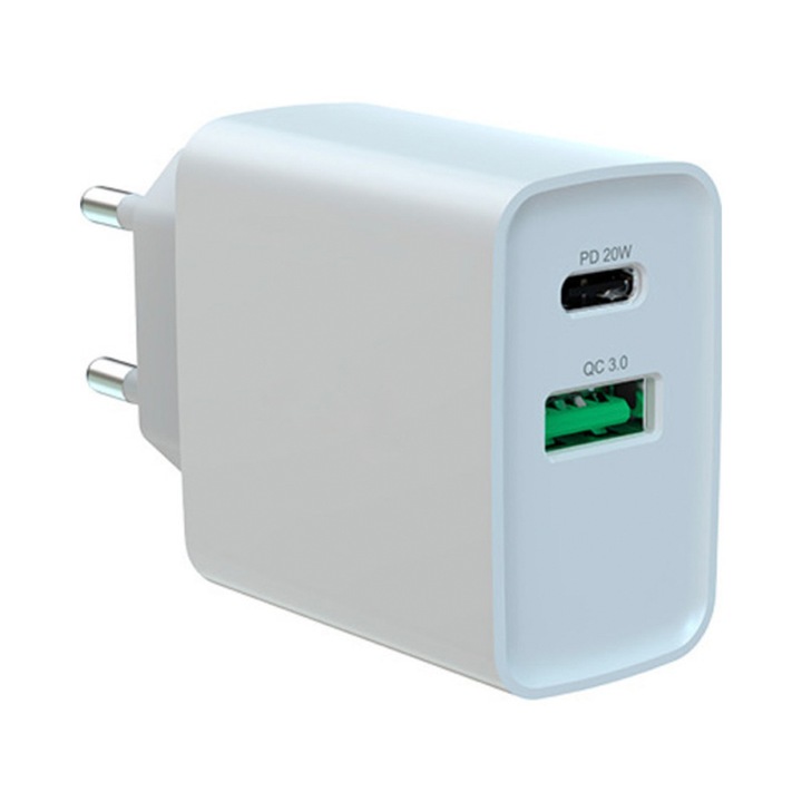 Мрежово зарядно устройство, бързо зареждане, FONIX Dual EnergyBox, USB-C и USB-A, адаптер 3A, 20W, бързо зареждане 3.0, PD, бял