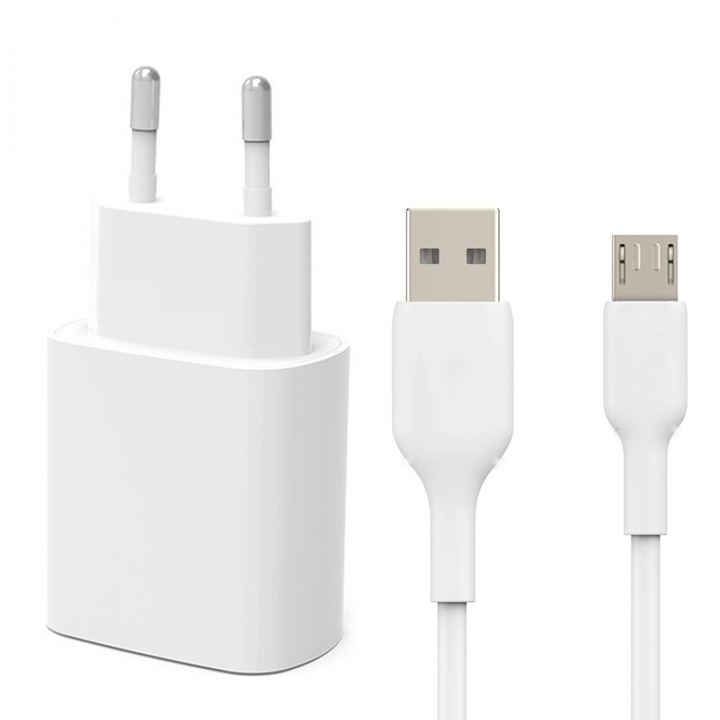 Мрежово зарядно, включен кабел, Tenor PowerPack, 2xUSB-A, USB-A към Micro-USB, 2A, 1m, бял