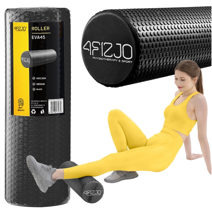 Rola de masaj cu mini-splines, 45 x 15 cm, duritate medie, cu protuberante mici, pentru incepatori si avansati, 4FIZJO, Negru