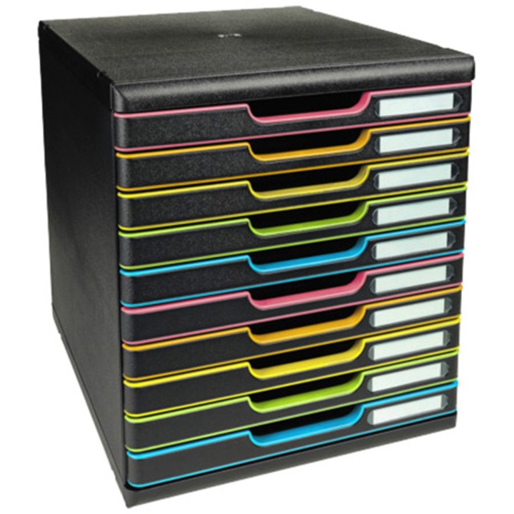 Cutie organizare Exacompta Modulo Black Office, 10 sertare colorate, PS reciclat, Eticheta Blue-Angel, A4+, Negru
