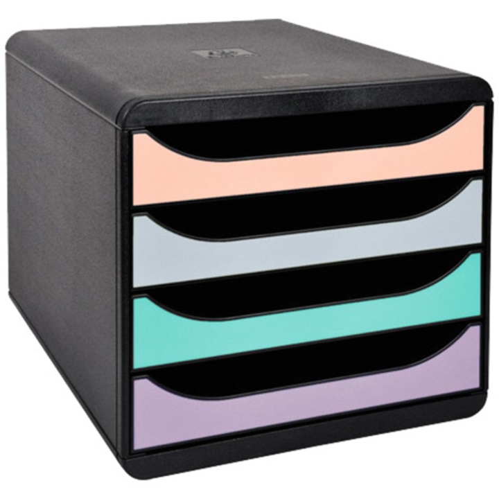 Cutie organizare Exacompta Big-Box Aquarel, 4 sertare in culori pastel, PS reciclat, Eticheta Blue-Angel, A4 +, Negru