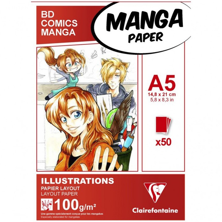 Bloc desen A5 Clairefontaine Manga, Hartie alba neteda pentru creion, cerneala si culoare, 50 Coli, 100 g/mp