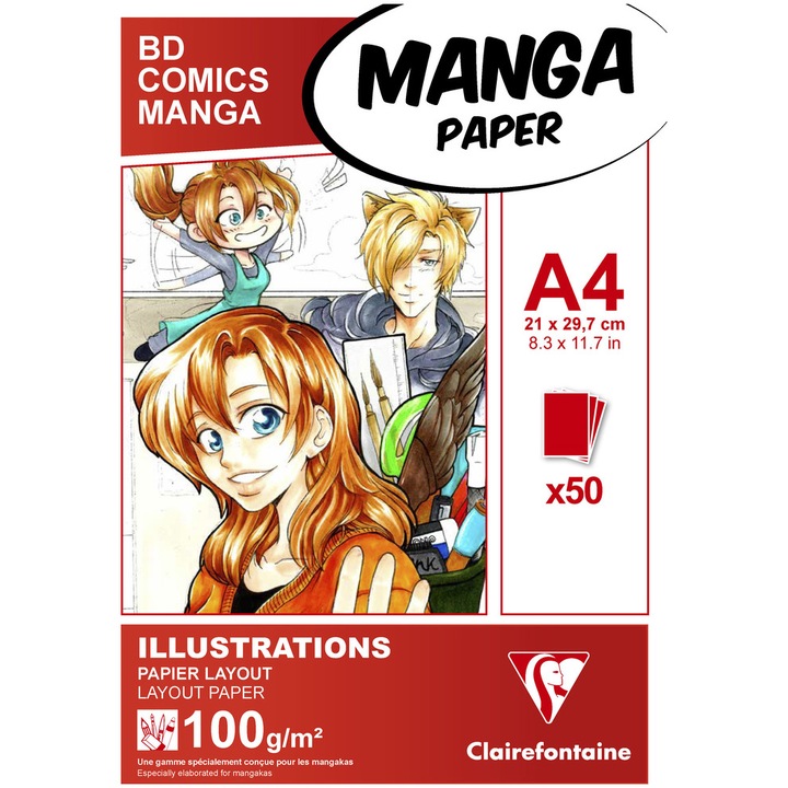 Блок за рисуване A4 Clairefontaine Manga, Гладка бяла хартия за молив, мастило и цвят, 50 листа, 100 гр/м2