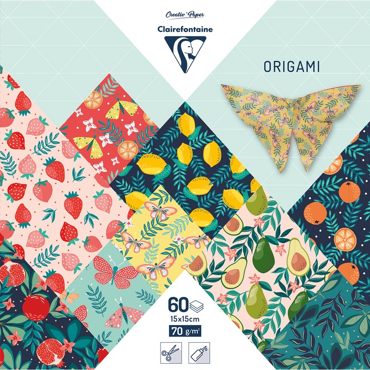 Творчески комплект Origami Clairefontaine Fruity Garden, 15x15 см, 60 листа/комплект, 70 гр/м2, 30 модела