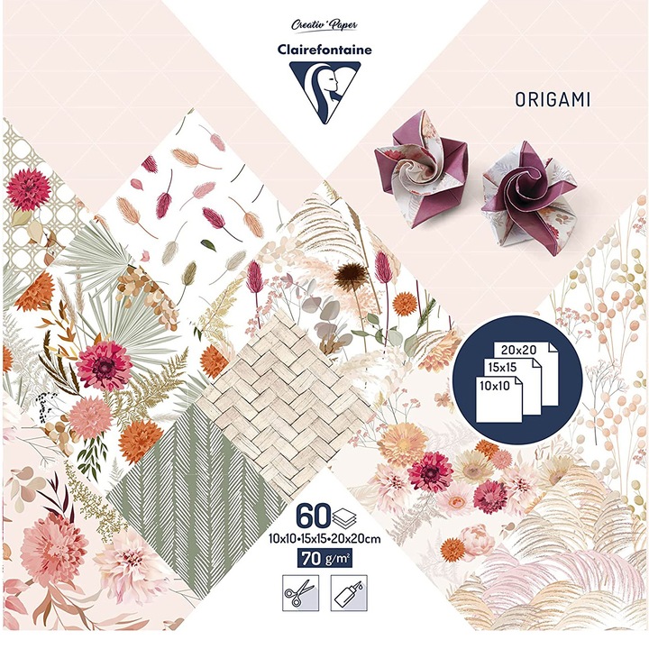 Hartie origami Clairefontaine floral, 3 dimensiuni (10x10 cm, 15x15 cm, 20x20 cm), 60 coli/set, 70 g/mp, 10 modele