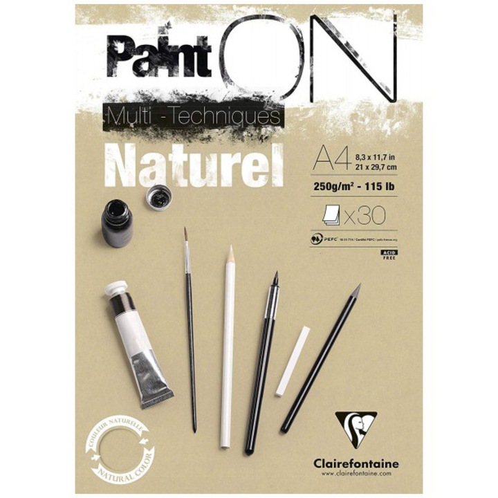 Скицник A4 Clairefontaine Paint'ON, Натурална бежова хартия, 100% чиста целулоза, 30 листа, 250 гр/м2