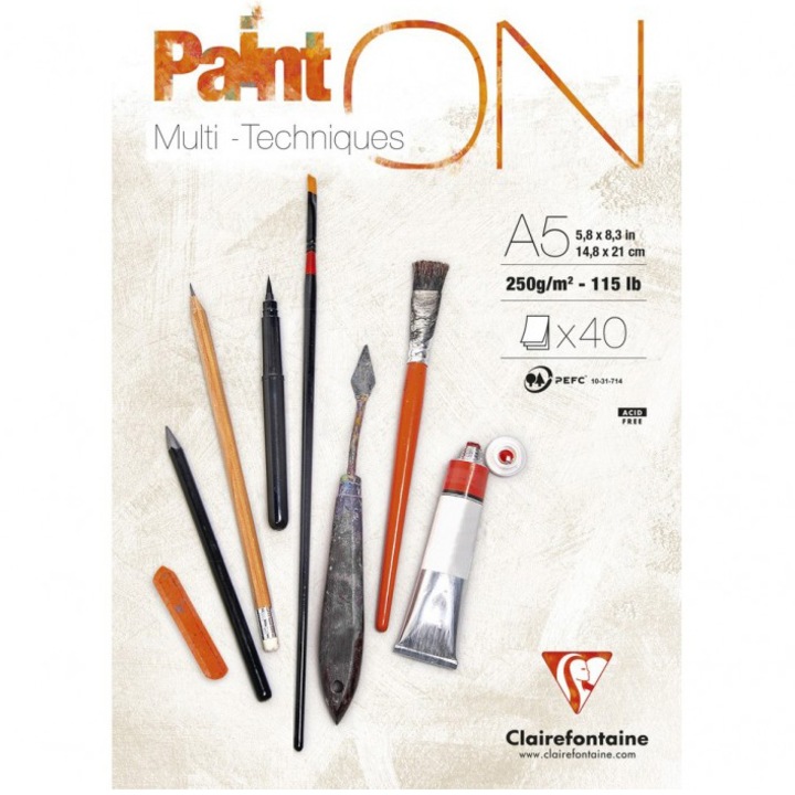 Скицник A5 Clairefontaine Paint'ON, Екстра бяла хартия 100% чиста целулоза, 40 листа, 250 гр/м2
