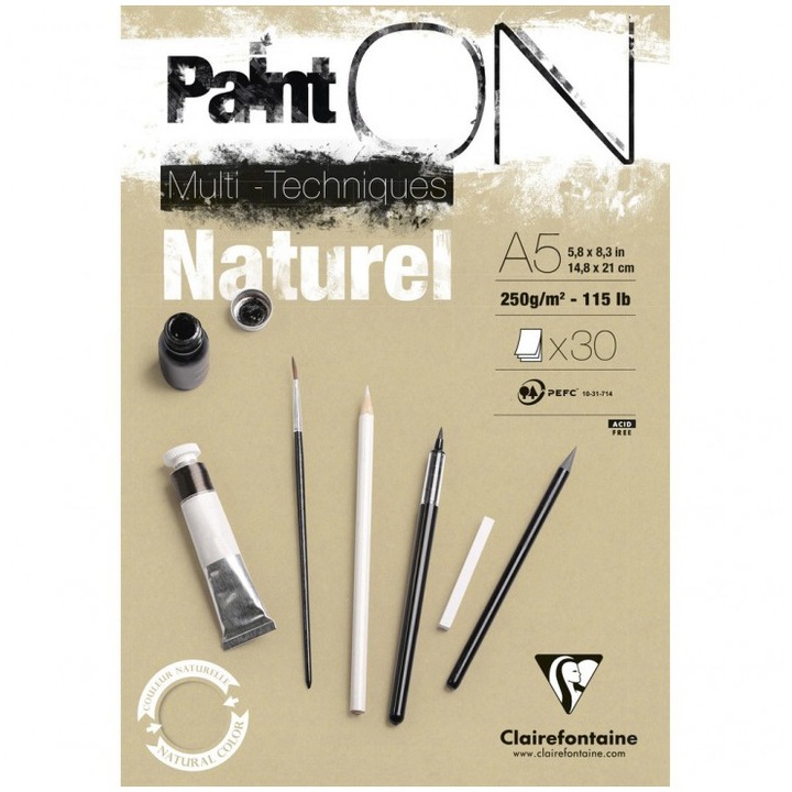 Скицник A5 Clairefontaine Paint'ON, Натурална бежова хартия 100% чиста целулоза, 30 листа, 250 гр/м2