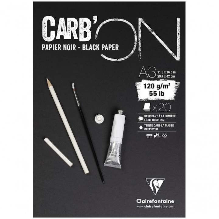 Bloc desen A3 Clairefontaine Carb'ON, hartie neagra cu granulatie fina pentru creion, creta, marker, cerneala, 20 Coli, 120 g/mp