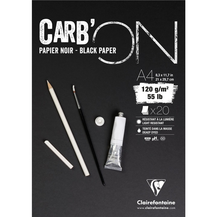 Bloc desen A4 Clairefontaine Carb'ON, hartie neagra cu granulatie fina pentru creion, creta, marker, cerneala, 20 Coli, 120 g/mp