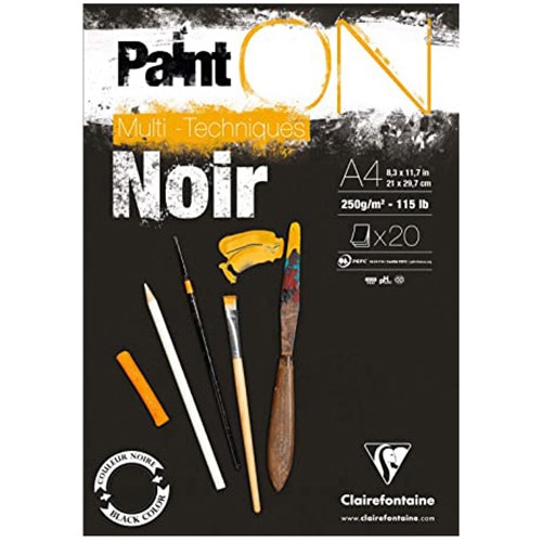 Bloc desen A4 Clairefontaine Paint'ON, hartie neagra 100% celuloza pura, A4, 20 coli, 250 g/mp